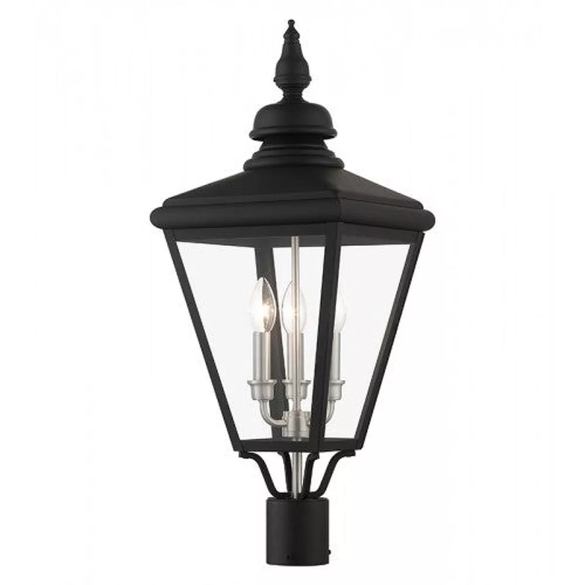 3 Light Black Outdoor Large Post Top Lantern with Brushed Nickel Finish Cluster