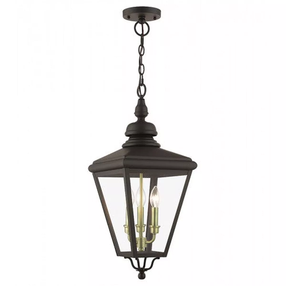 3 Light Bronze Outdoor Large Pendant Lantern with Antique Brass Finish Cluster