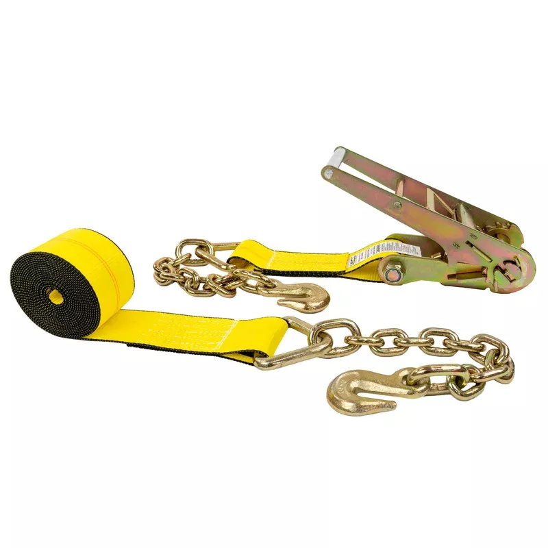 3″ x 27′ Ratchet Strap with Chain Extensions | Yellow