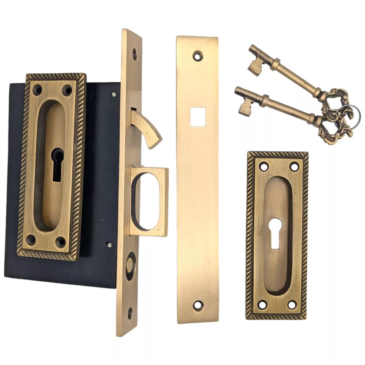 Georgian Square Pattern Pocket Privacy (Lock) Style Door Set – Antique Brass