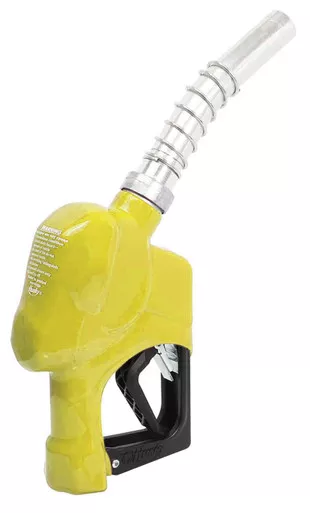 Husky 1217110N-05 1HSS Heavy Duty Diesel Nozzle, 1" NPT Inlet, High Volume Truck, Pressure Activated, Automatic Shut-Off, with Two Notch Hold Open Clip and Polymer Handguard, Yellow
